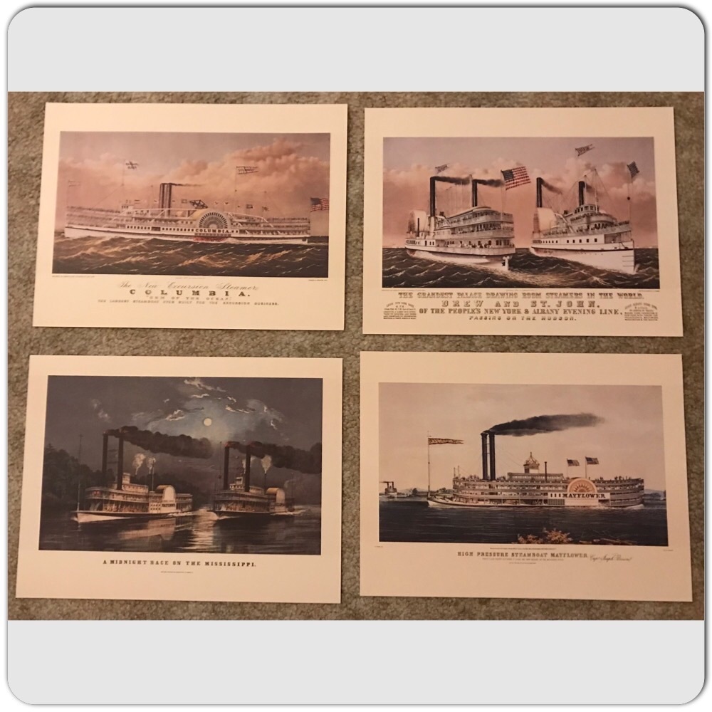 CURRIER & IVES REPRODUCTION PRINTS OF STEAMBOAT PLUS  1989 US STAMPS